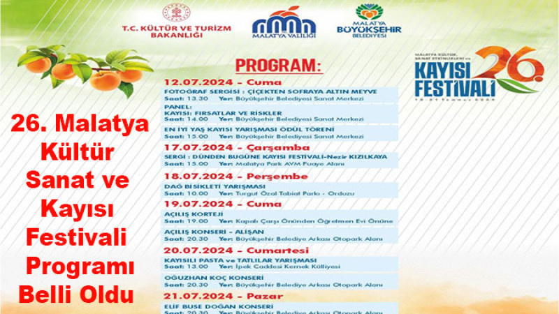 26. Malatya Kültür Sanat ve Kayısı Festivali Programı Belli Oldu