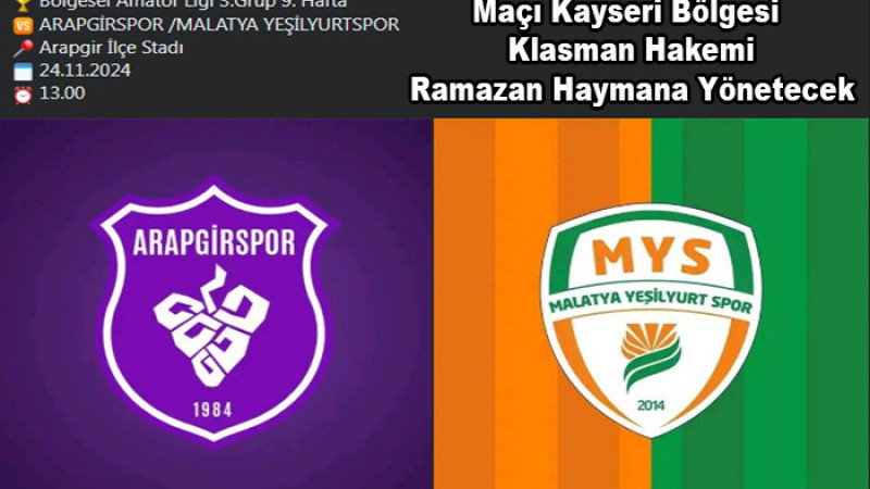 Arapgirspor - Yeşilyurtspor  Maçı 24 Kasım Pazar Saat 13.00'da 