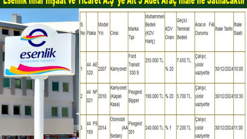 Esenlik 2 Kamyonet Otomobili  İhale İle Satacak