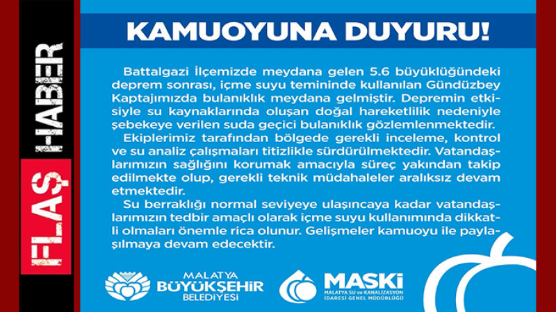 MASKİ'den Malatyalılara Geçici Bir Süre İçme Suyu Kullanmayın Uyarısı 