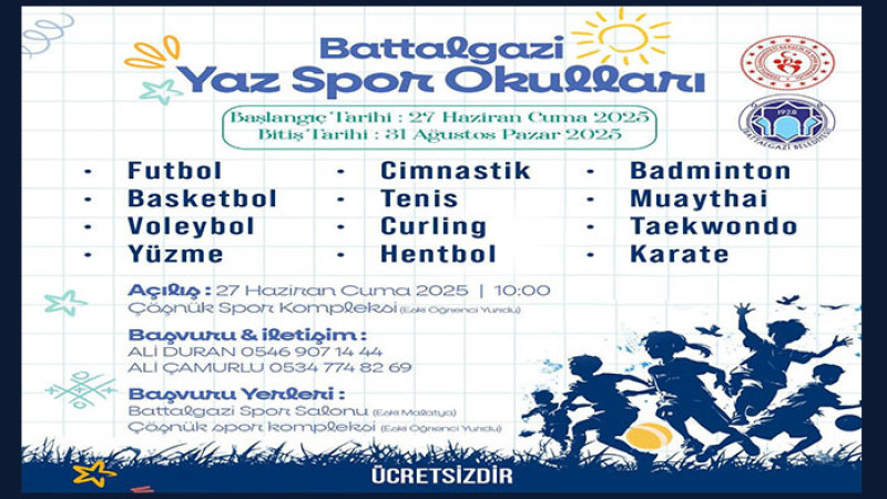 Yaz Spor Okulları 27 Haziran Cuma Günü Battalgazi'de Başlıyor