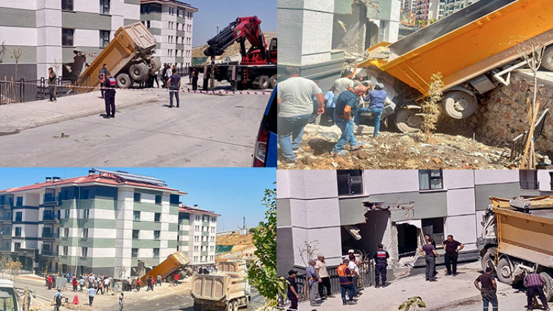 İkizce'de Freni Boşalan Hafriyat Kamyonu TOKİ Konutlarına Çarptı