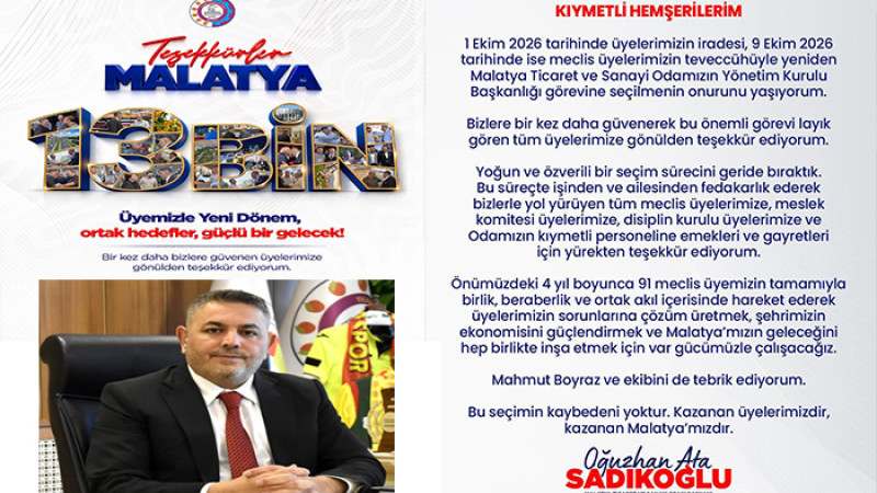 Malatya TSO’da Yeni Yönetim Belirlendi: Sadıkoğlu Yeniden Başkan 